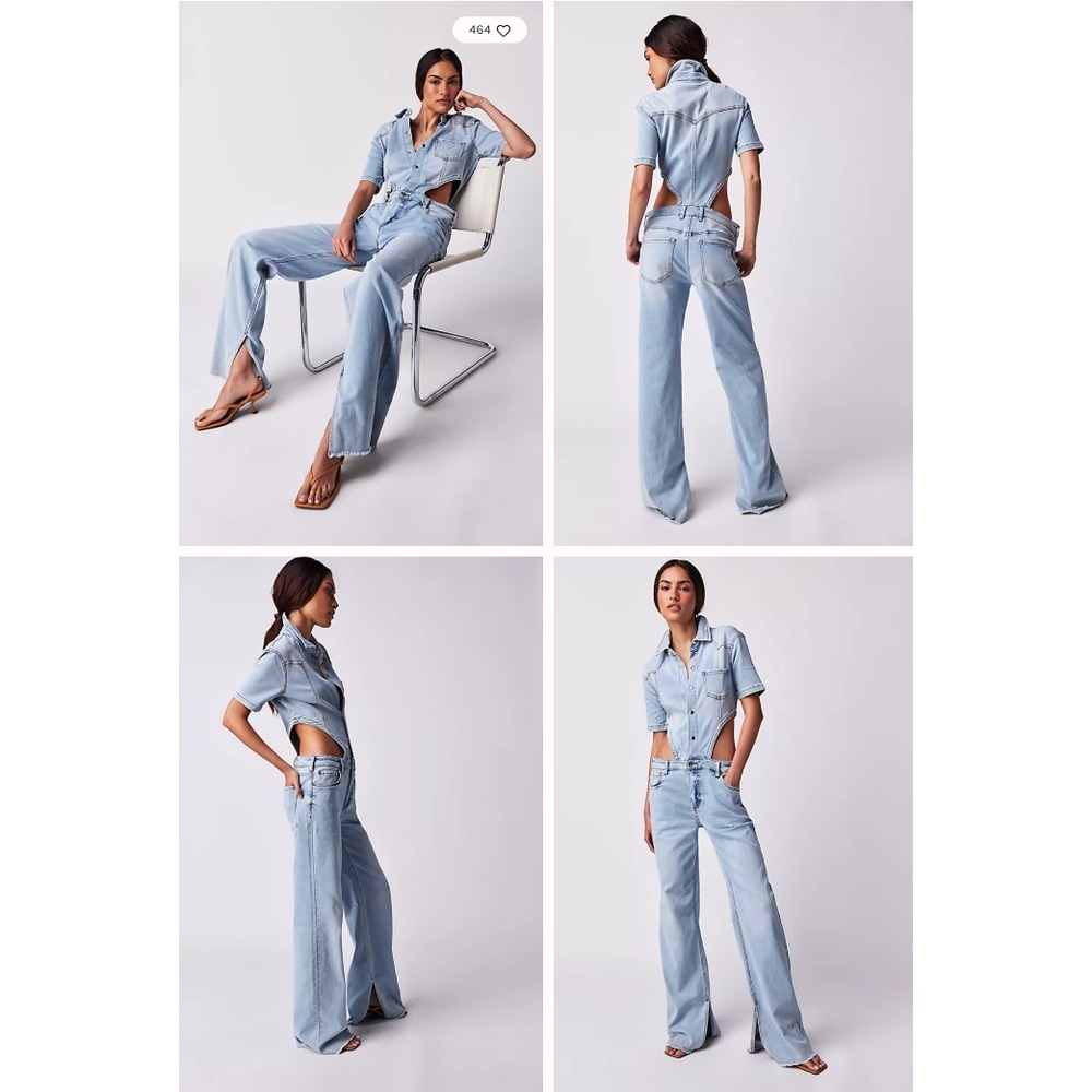 Ser.O.Ya Karen Jumpsuit Womens Large Side Cutouts Wide Leg Denim Snap Light Blue